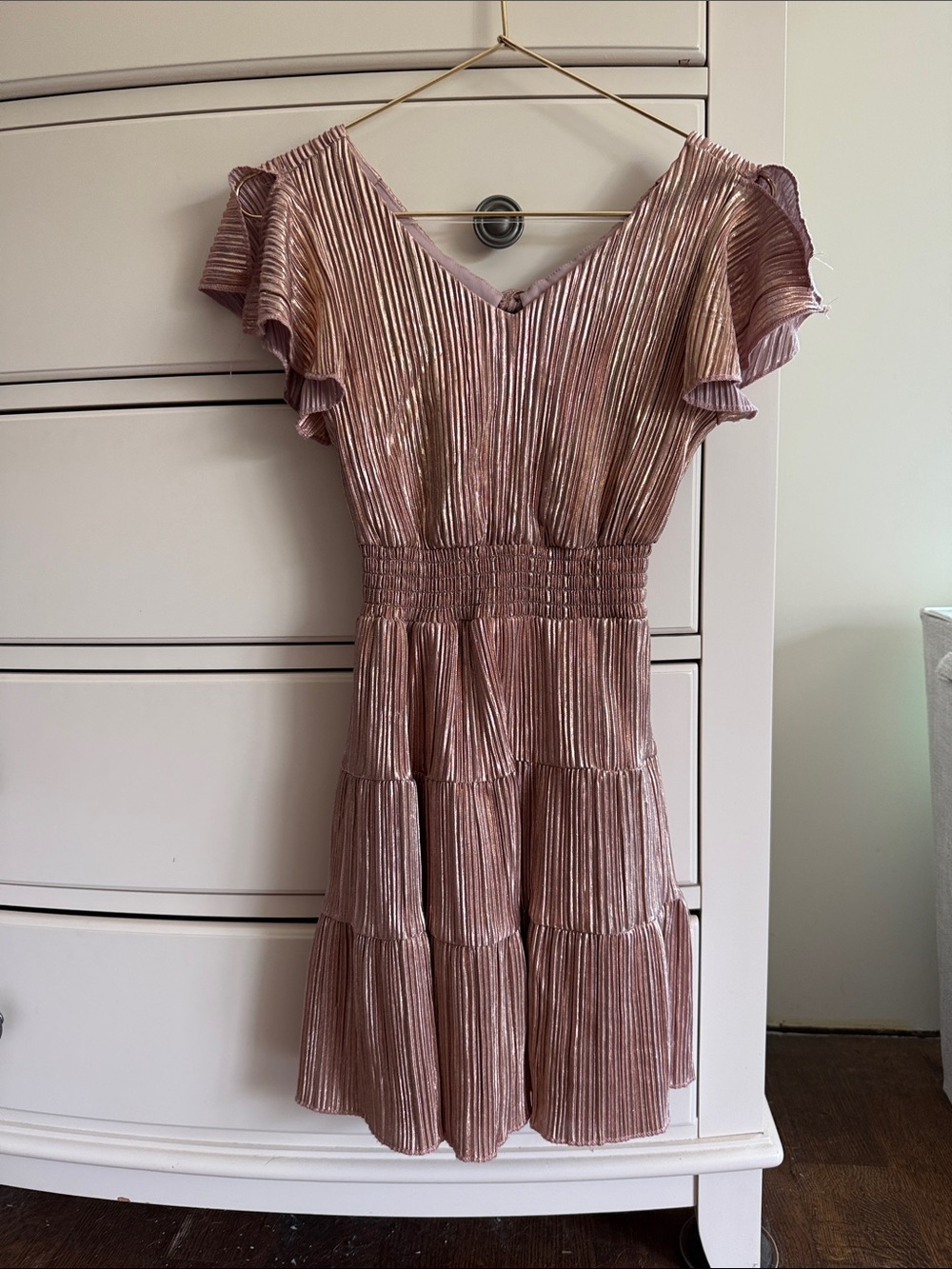 Girls' Metallic Rose Pink Pleated Tiered Party Dress